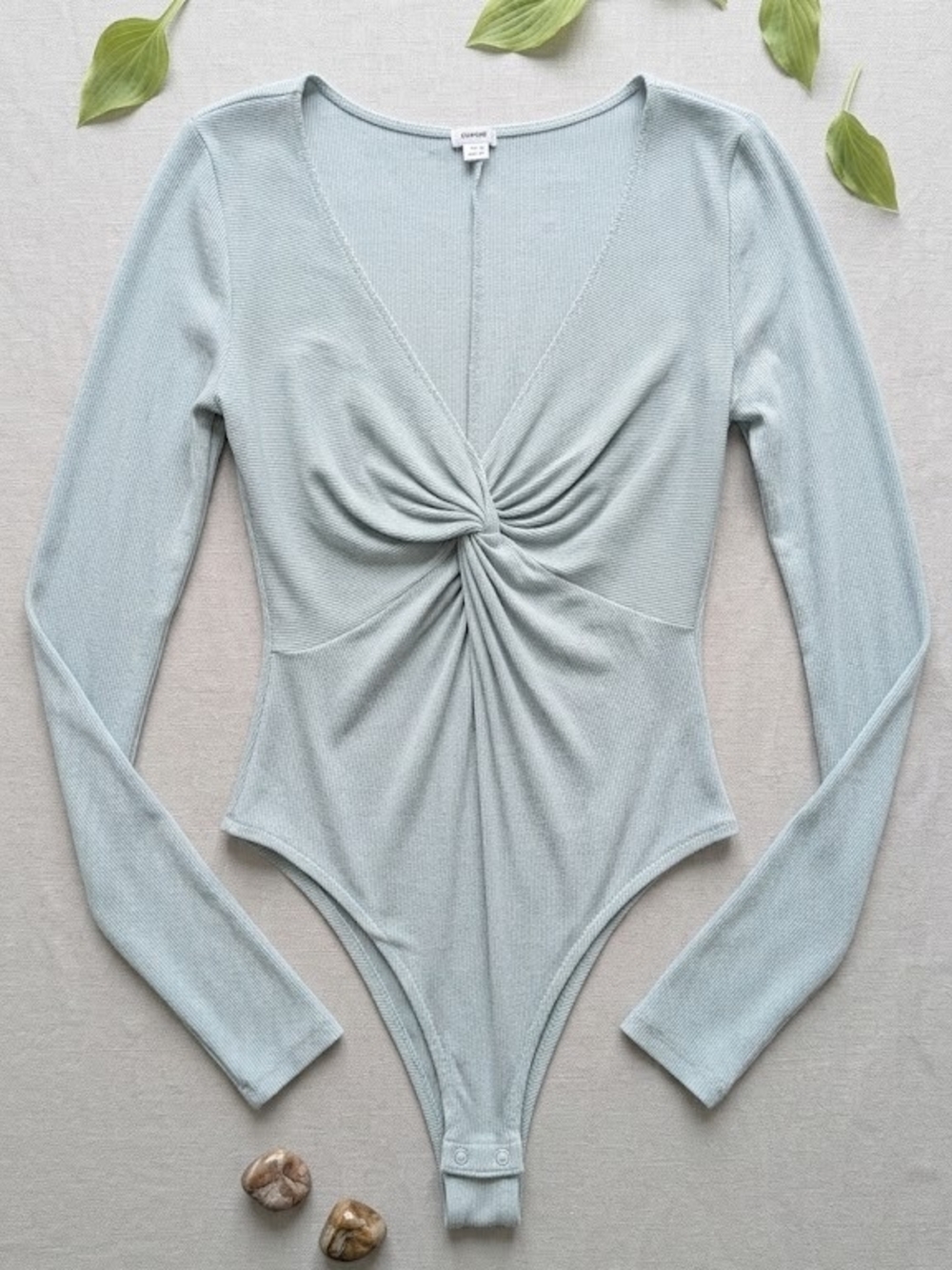 Garage Light Blue Twist-Front Ribbed V-Neck Bodysuit - Picture 3 of 16